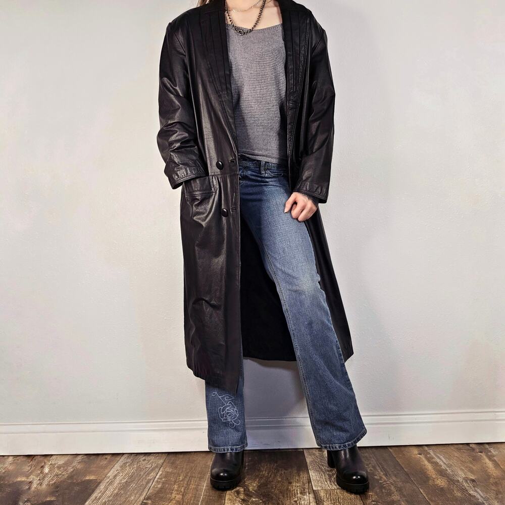 Vintage Black Leather Longline Trench Coat 90s Y2K Minimalist Corporate Goth